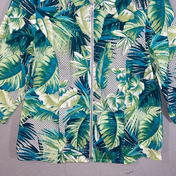 Chicos Jacket Womens 2 Green Blue Floral 3/4 Sleeve Full Zip Up Collared Casual - Picture 2 of 15